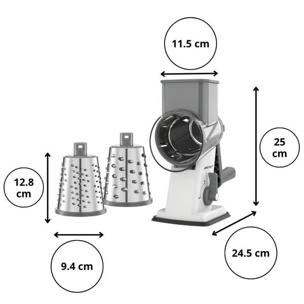 3-in-1 rotary grater with 3 interchangeable stainless-steel drums: for fruit, vegetables, cheese, chocolate & nuts – practical slicer for raw food