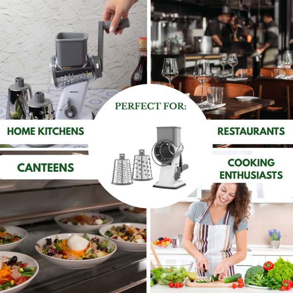 3-in-1 rotary grater with 3 interchangeable stainless-steel drums: for fruit, vegetables, cheese, chocolate & nuts – practical slicer for raw food