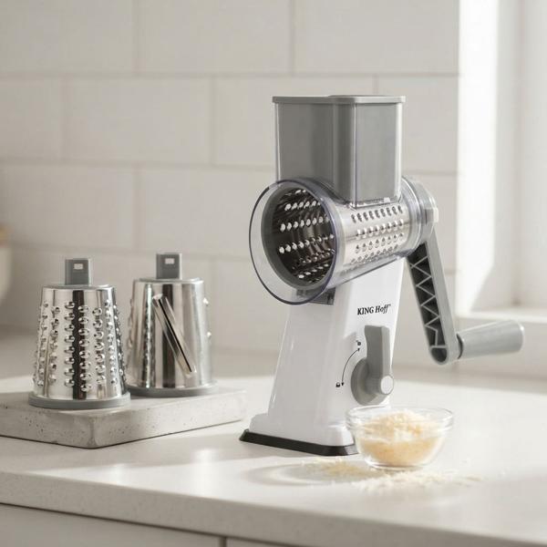 3-in-1 rotary grater with 3 interchangeable stainless-steel drums: for fruit, vegetables, cheese, chocolate & nuts – practical slicer for raw food