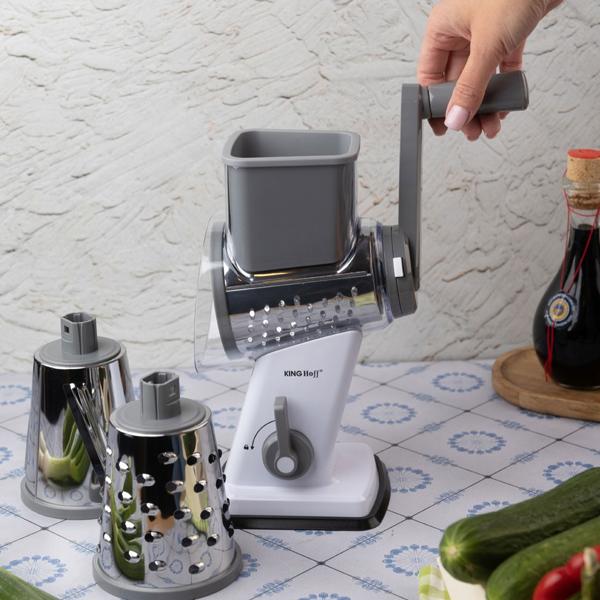 3-in-1 rotary grater with 3 interchangeable stainless-steel drums: for fruit, vegetables, cheese, chocolate & nuts – practical slicer for raw food