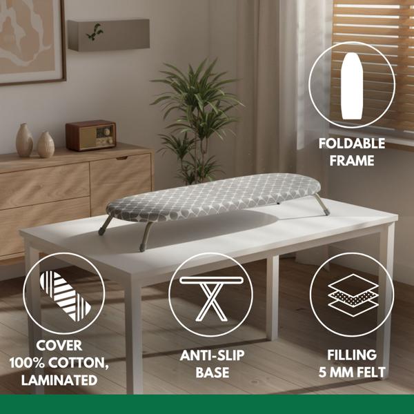 Mini planche à repasser compacte grise, 81,5 x 30,5 cm : housse 100 % coton, pliable, stable et idéale pour les petits appartements, logements d’étudiants et voyages