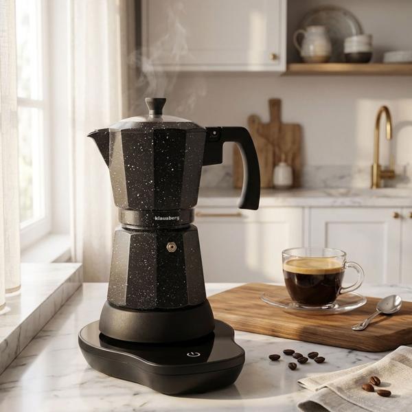 Elektrische Espresso-Kaffeemaschine & Espressokocher im Mokka Stil schwarz: 500 W, 300 ml für 6 Tassen, edler Kaffeebereiter für Zuhause