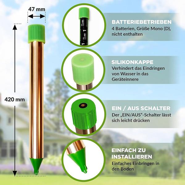 2er-Set Wühltiervertreiber Effektiv & Tierfreundlich - Starker Vibrationsmotor & Quarzschwingungen gegen Maulwurf & Wühlmaus im Garten & Acker