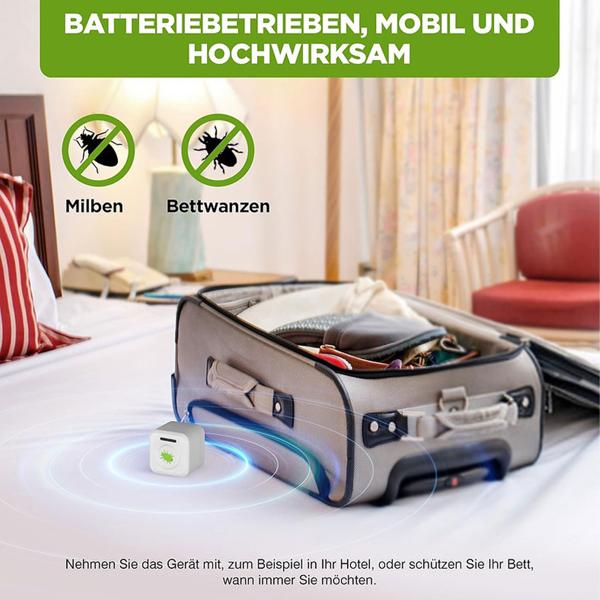 Mobiler Ultraschall Milbenvertreiber: Schädling-Schutz gegen Bettwanzen & Milben – Für Schlafzimmer, Hotel & Reise, batteriebetrieben