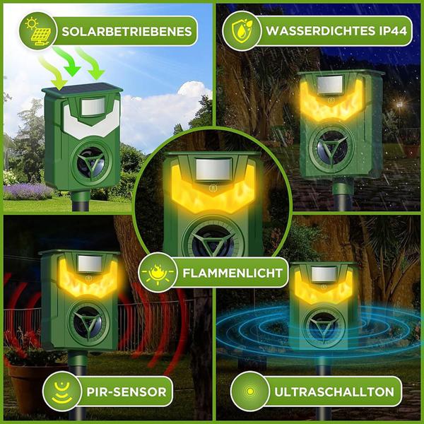 Effektiver Solar & USB Tiervertreiber mit Ultraschall & Flammenlicht – Zuverlässiger Schutz für Garten, Hof & Feld gegen Wildtiere, Katzen & Hunde