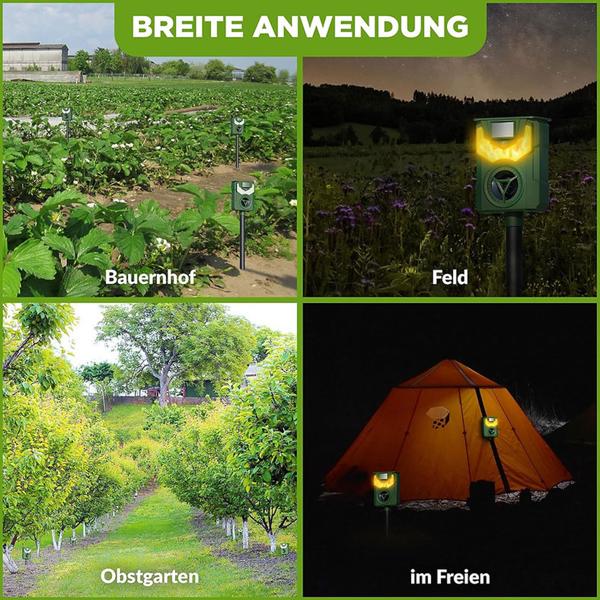 Effektiver Solar & USB Tiervertreiber mit Ultraschall & Flammenlicht – Zuverlässiger Schutz für Garten, Hof & Feld gegen Wildtiere, Katzen & Hunde