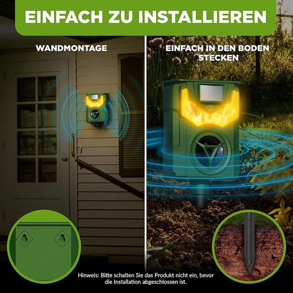 Effektiver Solar & USB Tiervertreiber mit Ultraschall & Flammenlicht – Zuverlässiger Schutz für Garten, Hof & Feld gegen Wildtiere, Katzen & Hunde