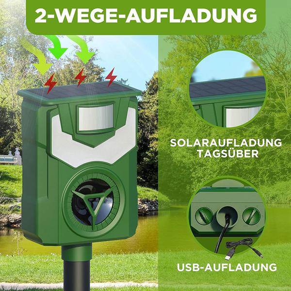 Effektiver Solar & USB Tiervertreiber mit Ultraschall & Flammenlicht – Zuverlässiger Schutz für Garten, Hof & Feld gegen Wildtiere, Katzen & Hunde