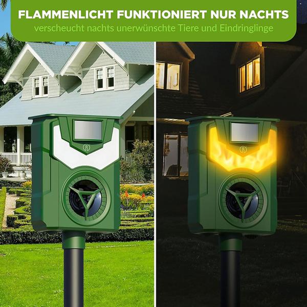 Effektiver Solar & USB Tiervertreiber mit Ultraschall & Flammenlicht – Zuverlässiger Schutz für Garten, Hof & Feld gegen Wildtiere, Katzen & Hunde