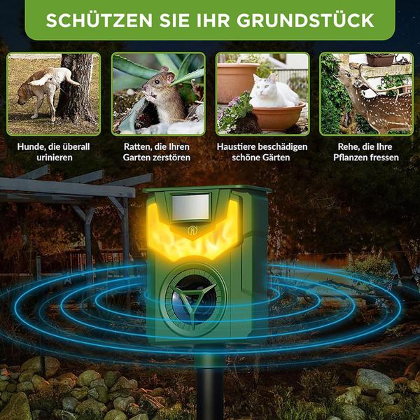 Effektiver Solar & USB Tiervertreiber mit Ultraschall & Flammenlicht – Zuverlässiger Schutz für Garten, Hof & Feld gegen Wildtiere, Katzen & Hunde