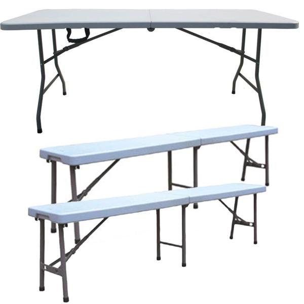 Stable camping seating set with 180 cm folding table and 2 matching suitcase benches, weatherproof, foldable