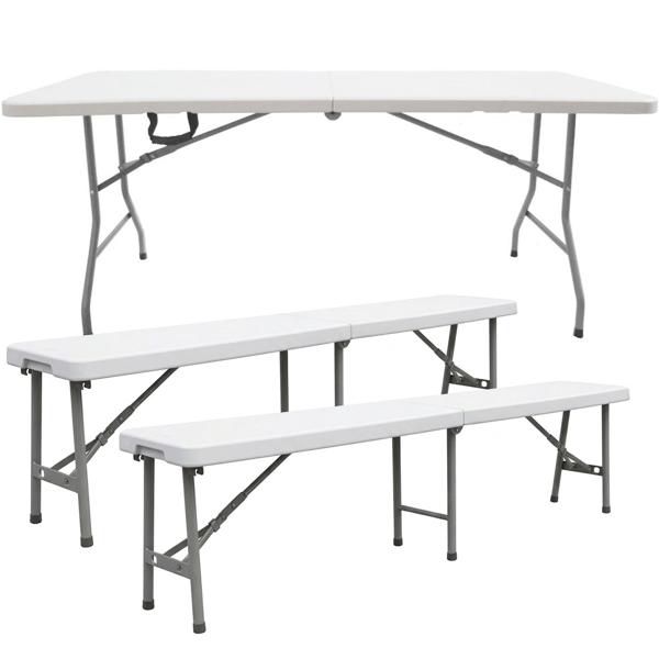 Stable camping seating set with 180 cm folding table and 2 matching suitcase benches, weatherproof, foldable