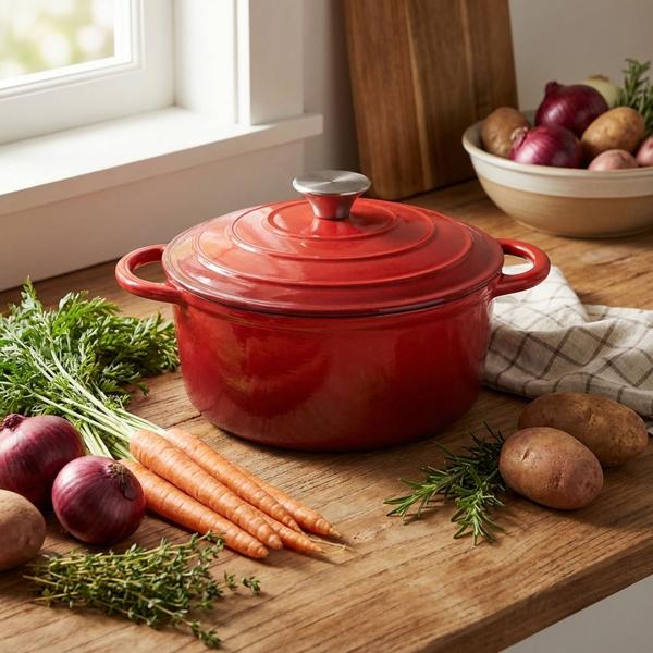 Premium cast iron pot set, 2-piece, in red – enamelled casserole set with lid (22 cm & 28 cm) – ideal for induction, oven & all hob types – robust & elegant