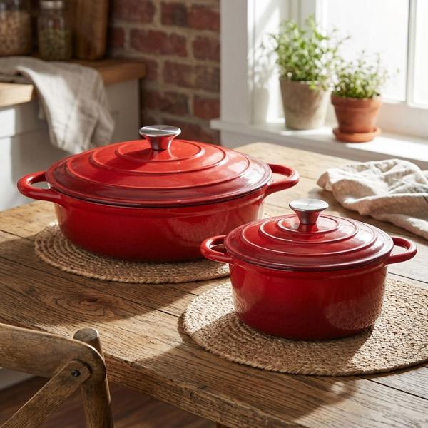 Premium cast iron pot set, 2-piece, in red – enamelled casserole set with lid (22 cm & 28 cm) – ideal for induction, oven & all hob types – robust & elegant