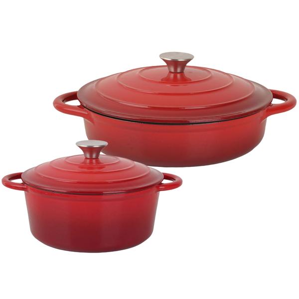 Premium cast iron pot set, 2-piece, in red – enamelled casserole set with lid (22 cm & 28 cm) – ideal for induction, oven & all hob types – robust & elegant