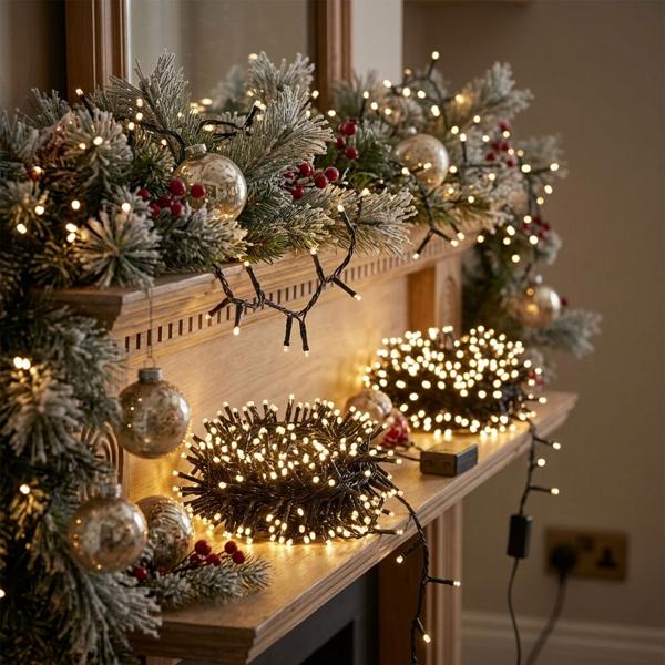 2er-Set LED Lichterkette Cluster 400 LEDs warmweiss, je 8 m – dichte Büschel-Lichterkette für innen & aussen, IP44, 7 Lichteffekte, Timer - Weihnachtsbeleuchtung
