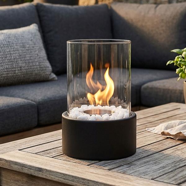 Elegant bio ethanol tabletop fire with glass cylinder, incl. flame snuffer & tongs – black steel table fireplace for indoor & outdoor use