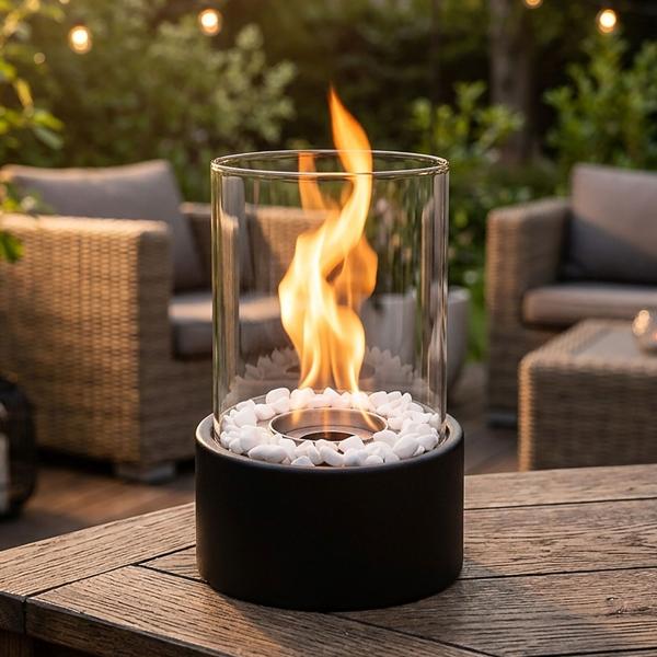 Elegant bio ethanol tabletop fire with glass cylinder, incl. flame snuffer & tongs – black steel table fireplace for indoor & outdoor use