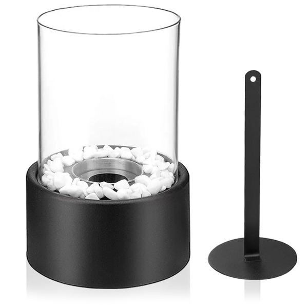 Elegant bio ethanol tabletop fire with glass cylinder, incl. flame snuffer & tongs – black steel table fireplace for indoor & outdoor use