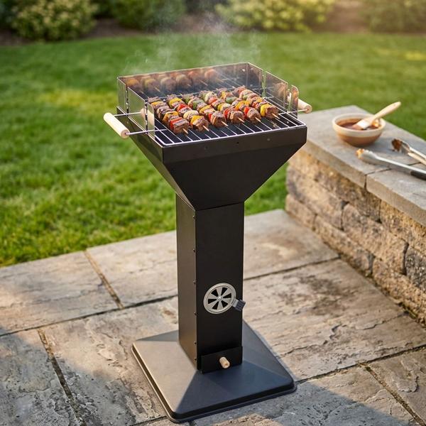 Quadratischer Standsäulengrill in Schwarz – Robuster Holzkohlegrill mit Edelstahl-Windschutz, verstellbarem Rost, Aschefach & Zugluftregelung
