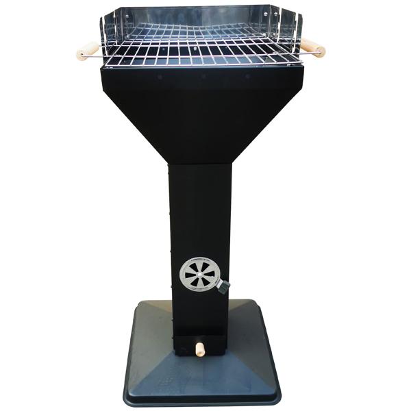Quadratischer Standsäulengrill in Schwarz – Robuster Holzkohlegrill mit Edelstahl-Windschutz, verstellbarem Rost, Aschefach & Zugluftregelung