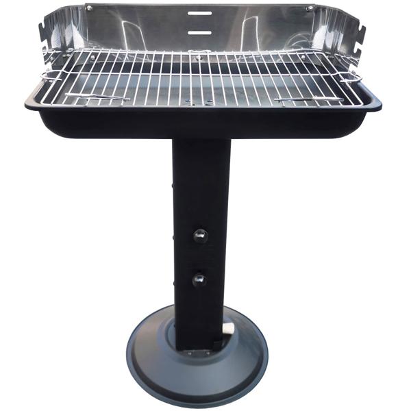 Rechteckiger Standsäulengrill in Schwarz – Robuster Holzkohlegrill mit Windschutz, verstellbarem Rost, Aschefach & Zugluftregelung