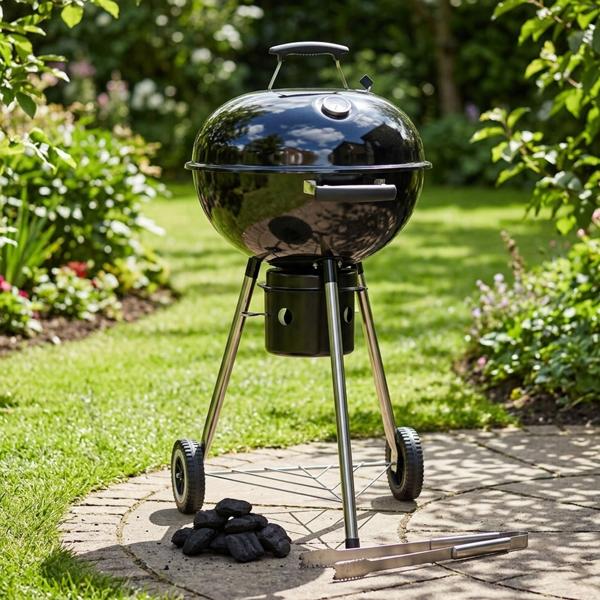 Barbecue boule Ø47 cm – Barbecue au charbon de bois mobile avec 2 roues & thermomètre, brasero émaillé, bac à cendres & régulation du tirage