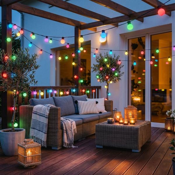 Lot de 2 guirlandes lumineuses de fête RGB Wi‑Fi 10,8 m avec 48 boules LED Ø30 mm chacune – commande par app et voix, mode musique, minuteur, IP65 pour extérieur