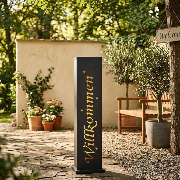 LED-Stele Willkommen aus Metall 90cm mit Beleuchtung & Timer – Leuchtende Dekosäule für Haustür, Eingangsbereich, Terrasse & Wintergarten