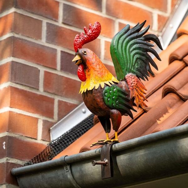 Figure coq pour gouttière et clôture – Décoration en métal peinte à la main pour gouttière, clôture et balcon, ornement de jardin résistant aux intempéries, style maison de campagne, 30x9x44 cm