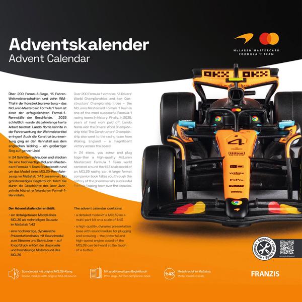 McLaren Formel 1 Adventskalender 1:43 Modell Bausatz – Hochwertiges F1 Rennwagen Geschenk für Sammler & Motorsport Fans