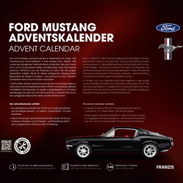 Ford Mustang Adventskalender – Fastback Modellauto 1:43 Bausatz in Schwarz mit V8 Soundbasis, Begleitbuch & Zubehör – Geschenk für Auto Fans