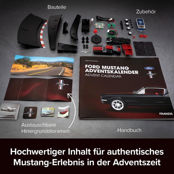 Ford Mustang Adventskalender – Fastback Modellauto 1:43 Bausatz in Schwarz mit V8 Soundbasis, Begleitbuch & Zubehör – Geschenk für Auto Fans