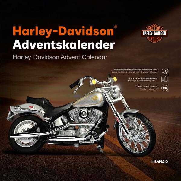 Harley-Davidson Adventskalender 2024 – FXST Softail Modellbausatz 1:18 mit V2 Soundmodul, Begleitbuch & Zubehör – Geschenk für Motorrad Fans