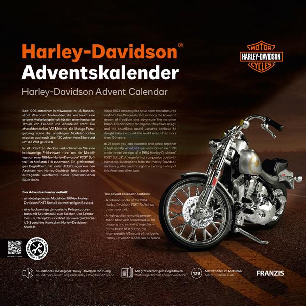 Harley-Davidson Adventskalender 2024 – FXST Softail Modellbausatz 1:18 mit V2 Soundmodul, Begleitbuch & Zubehör – Geschenk für Motorrad Fans