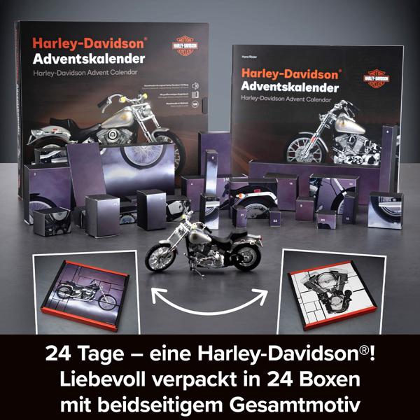Harley-Davidson Adventskalender 2024 – FXST Softail Modellbausatz 1:18 mit V2 Soundmodul, Begleitbuch & Zubehör – Geschenk für Motorrad Fans