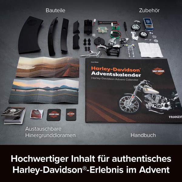 Harley-Davidson Adventskalender 2024 – FXST Softail Modellbausatz 1:18 mit V2 Soundmodul, Begleitbuch & Zubehör – Geschenk für Motorrad Fans