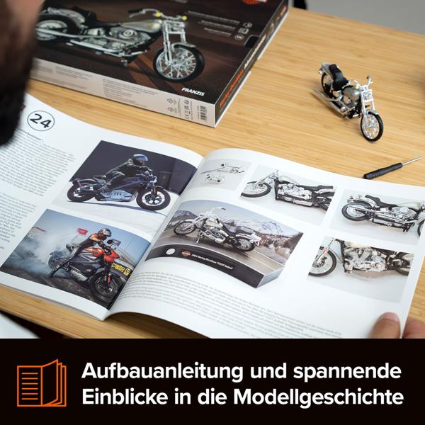 Harley-Davidson Adventskalender 2024 – FXST Softail Modellbausatz 1:18 mit V2 Soundmodul, Begleitbuch & Zubehör – Geschenk für Motorrad Fans