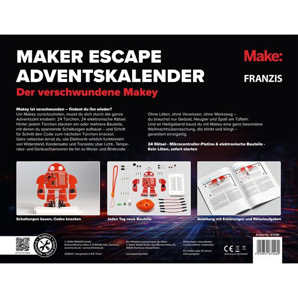 Maker Escape Adventskalender - Der verschwundene Makey - Elektronik Bausatz für Technik-Fans mit Mikrocontroller, LED & Rätsel-Spass