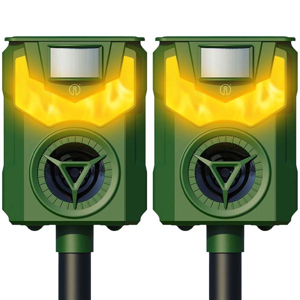 Set of 2 solar & USB animal repellers with ultrasound & flame light – reliable protection for garden, yard & field against wild animals, cats & dogs