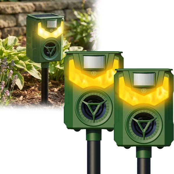 Set of 2 solar & USB animal repellers with ultrasound & flame light – reliable protection for garden, yard & field against wild animals, cats & dogs
