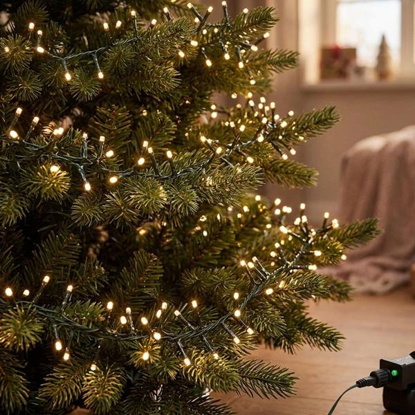 LED Lichterkette Cluster 700 LEDs warmweiss, 14 m – dichte Büschel-Lichterkette für innen & aussen, IP44, 7 Lichteffekte, Timer - Weihnachtsbeleuchtung