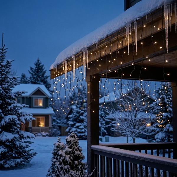 Catena luminosa a pioggia di ghiaccio da esterno 360 LED bianco caldo 9 m – tenda luminosa a ghiaccioli per grondaia, terrazza e facciata, IP44, timer, 7 modalità