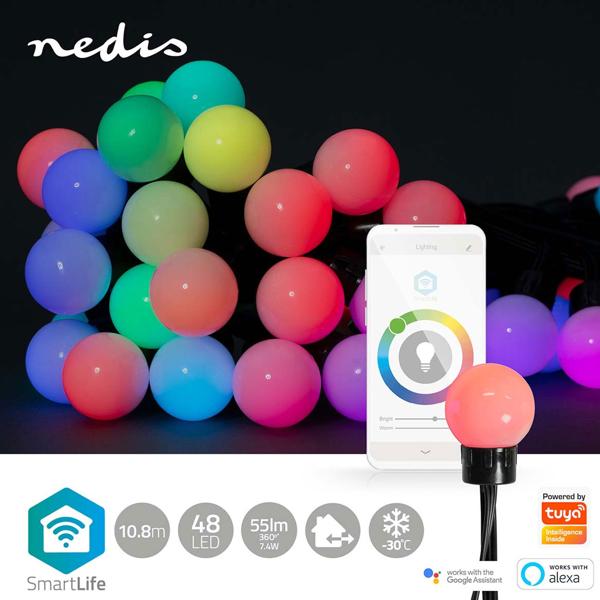 Catena luminosa party RGB Wi‑Fi 10,8 m con 48 sfere LED Ø 30 mm – controllo tramite app e voce, modalità musica, timer, per esterno IP65