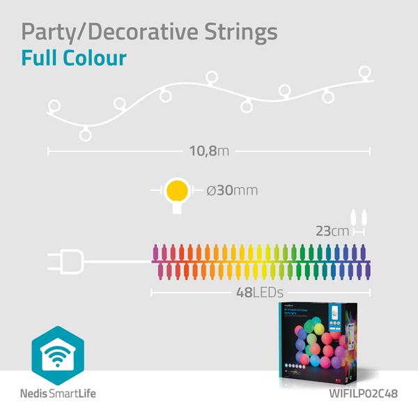 Catena luminosa party RGB Wi‑Fi 10,8 m con 48 sfere LED Ø 30 mm – controllo tramite app e voce, modalità musica, timer, per esterno IP65