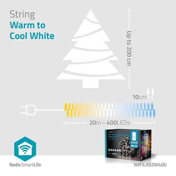 Catena luminosa LED WLAN con 400 LED da bianco caldo a bianco freddo – controllo via app, controllo vocale, dimmerabile, timer – per esterno IP65, cavo di alimentazione 5 m