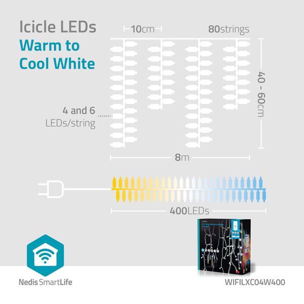 Catena luminosa a ghiacciolo WLAN 8 m con 400 LED da bianco caldo a bianco freddo – controllo via app e voce, dimmerabile, 80 fili, IP65, cavo trasparente