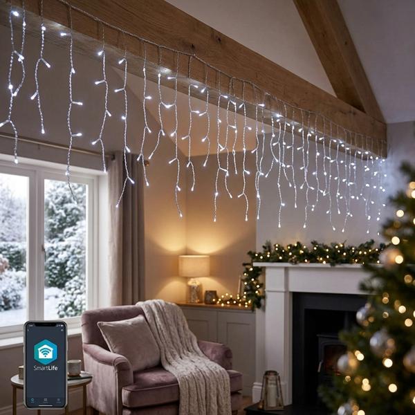 Catena luminosa a ghiacciolo WLAN 8 m con 400 LED da bianco caldo a bianco freddo – controllo via app e voce, dimmerabile, 80 fili, IP65, cavo trasparente