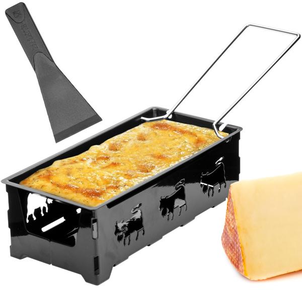 Teelicht-Raclette für 1-2 Personen, Raclette Set ohne Strom inkl. Teelichtern & Schaber, Metall mit originell ausgestanzten Kühen, antihaftbeschichtet