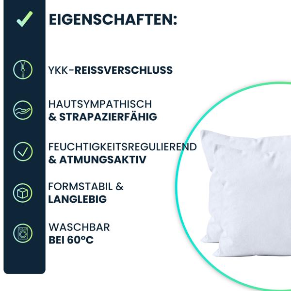 Kissenbezug 2er-Set 40x40 Weiss - Hochwertige Baumwolle Kissenhüllen für Deko, Bett & Sofakissen - Langlebig, Pflegeleicht & mit Reissverschluss